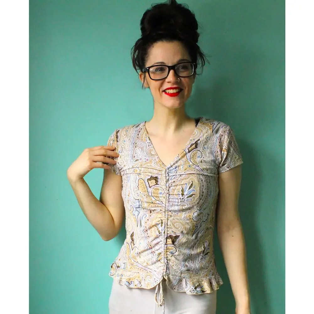 RAVE Vintage 2000's Tan Paisley Floral Ruched Short Sleeve Scrunchy Top - Picture 7 of 7